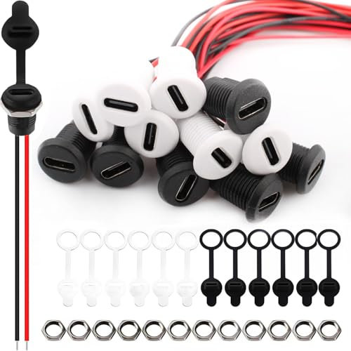 VISSQH 12 PCS USB Type-C Female Chassis,3A 2-pin USB C Soldering Jack,2 Wire USB C Panel Mount connector,24AWG round Waterproof USB C Pigtail Cable Extension Power Cable(Black+White)