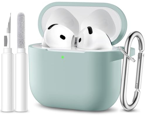 Maledan Funda Compatible con AirPods 4 2024 Case, Funda Protectora de Silicona Suave de Cuerpo Completo para Apple AirPods de 4 Generacion con Kit de Limpieza y Mosquetón [LED Visible],Azul-Verde