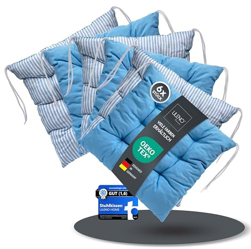 LILENO HOME 6er Set Wende Stuhlkissen Hellblau (40x40x6 cm) - Streifen Sitzkissen für Gartenstuhl, Küche oder Esszimmerstuhl - Indoor u. Outdoor Stuhlauflage als Stuhl Kissen (Linda FUM)
