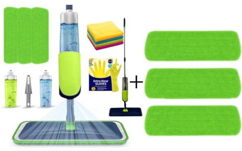 SWISSPACK- Bundle Spray Mop Pack- Mop Spray for Floors 3 Pads, Gloves and 600Ml Refillable Bottle Suitable for Hardwood, Marble, Tile - Falcon (GREEN 6 PADS COMBO, ONE SIZE)