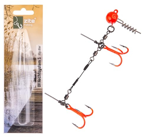 Zite Fishing Hechtsystem UV Aktiv Größe S 9cm | 5-20g Stinger Fertigmontage | Gummiköder mit Screw-In-Jighead | Softbait Angsthaken Drillinge | Spinn-System Montage für Hechtköder 15-20cm