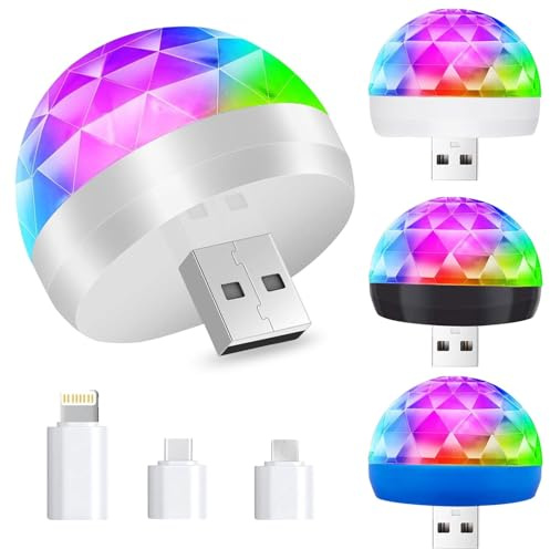 USB Mini Disco Ball Licht,3 Stück DJ Ball USB Party Blitzlicht,Mini Discokugel Licht,Sound Aktivierte Discokugel,RGB Discolicht,Mini Musikgesteuert Partylicht,Discokugel Bühnenlicht mit 3 Adapter