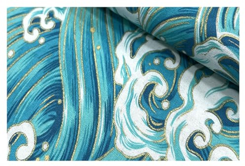 AMateschitz Baumwollstoff Japanische Stil Patchwork Bunt Bronzierung Baumwollstoff Heißprägung Gold Baumwolle Stoffe Gedruckt Blumen Stoffpaket zum DIY Nähen Quilten Hellblaue Wellen 1M*150CM