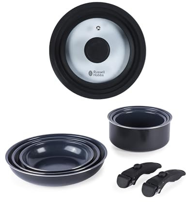 Russell Hobbs Smart Clip 9-Piece Frying Pan & Saucepan Set – 20/24/28 cm Fry Pans, 16/18/20 cm Cooking Pots, 2 Clip-On Handles, Universal Glass Lid, Non-Stick, Induction Suitable, Oven Safe, Stackable