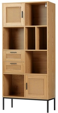 Bonetti Wohnregal in Rattan-Optik mit 2 Türen, 2 Schubladen und 6 Fächer | ca. 75 x 167,5 x 35 cm | modernes Bücherregal, Wohnzimmer-Regal, Hochschrank aus Metall und MDF-Holz | stehend