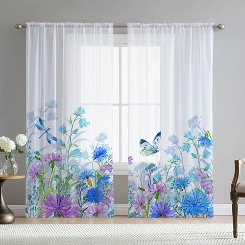 Mateju 3D Blume Vorhänge Wohnzimmer, Vorhang Transparent 2er Set Gardinen Weiß Küchengardinen, Tüll Gardine Dekorativ Schlafzimmer、Kinderzimmer (Schmetterling,108 x 137 cm)