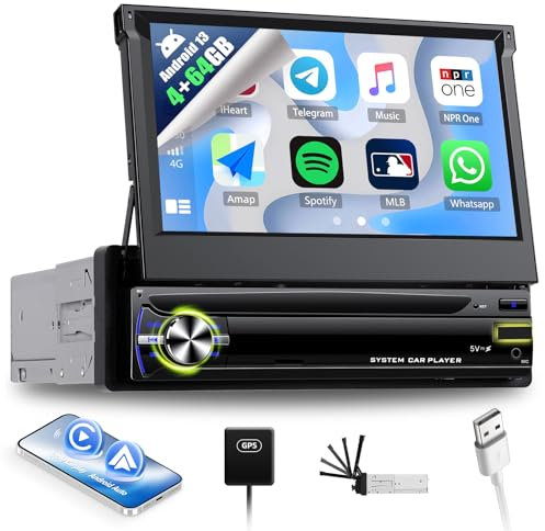 SIXWIN 4+64GB 1 DIN Android 13 Navi Autoradio mit Wireless Carplay Android Auto, 7 Zoll Bildschirm Bluetooth Radio Ausfahrbarem Manuelle mit Mirror Link WiFi GPS Bluetooth FM/RDS 32EQ