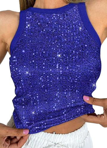 Naimo Damen Glitzer Pailletten Tank Top Ärmellos Rundhals Bluse Sparkle Sexy Weste Party Club Oberteile