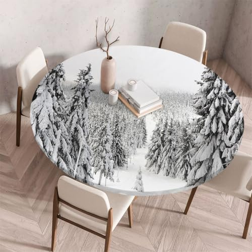 FANSU Tischdecke Outdoor Wetterfest Rund mit Gummizug, Rund Tischdecke mit 3D Muster Waschbar und Abwischbar für Esstisch, Couchtisch, Gartentisch Geeignet (Winterwald-Print,140cm)
