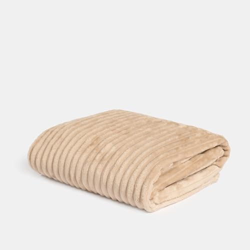 OHS Ribbed Fleece Throw Blanket for Sofa, Soft Cosy Warm Blanket for Bed Settees Armchairs Lightweight Fluffy Single Bed Throw, Natural - 125 x 150cm