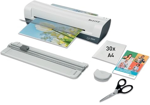 Leitz iLAM Home A4 Laminator DIY Kit, Paper Cutter, Stainless Steel Scissors & Corner Rounder, Hot Laminator Including 30 Laminating Pouches, 75-125 Micron, for Home, Home Office & School, White