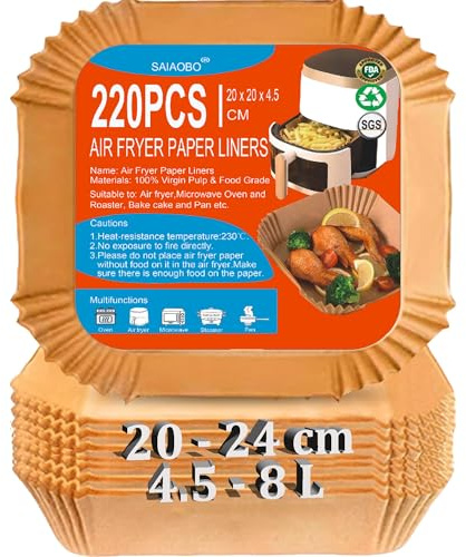 Papel Freidora Aire, 220 Piezas 20-24CM Papel Air Fryer Cuadrado, Papel de Horno de Airfryer 5,5 6L, Accesorios Airfryer de Pergamino Desechable Antiadherente para Horno Freidora Aire Microonda