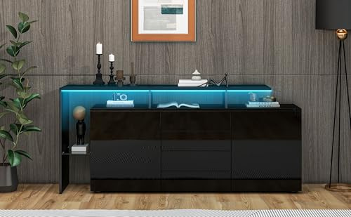LANTRO JS Kommode Schwarz Sideboard Wohnzimmer 160cm Breit, Highboard Holz LED-Beleuchtung mit App Steurung, 70H x 160B x 35Tcm