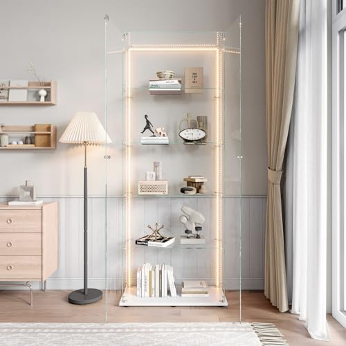 BestAlice Glasvitrine Standvitrine, Schrank für Sammlung mit LED-Lichtleiste und Schloss,Vitrinenschrank mit 2 Türen 5 Regalen, Schaukasten,Transparent Möbel vorratsschrank für Wohnzimmer Bar,Weiß