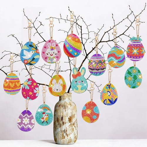 LYLIDIA 15 Stück Diamond Painting Ostern Doppelseitige Anhänger (Eier-Set) | Diamand Painting Ostern Ei Schlüsselanhänger, Frühling Deko Diamant Malerei Bastelset Ostern Kinder Geschenk