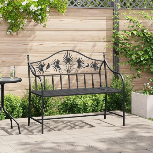 IBUQDDV Vintage Metallbank Schwarz Pulverbeschichteter Stahl Standard Outdoor Gartenbank für 2 Personen mit Verzierungen