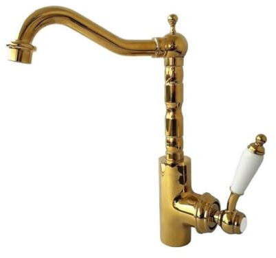 Rubinetto Cucina Antico a Canna Alta in Ottone Oro, Miscelatore Monocomando con Maniglia Bianca, Girevole a 360°, Stile Retrò Vintage per Lavello Cucina - Altezza 33cm