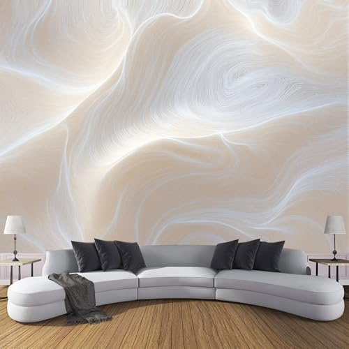 DACRWEKZ Papier Peint Soie Panoramique Lignes abstraites, 400x280cm, Ligne blanche ondulée Mural Personnalisé, Beige, pour Salon Chambre restaurant Décoration Murale