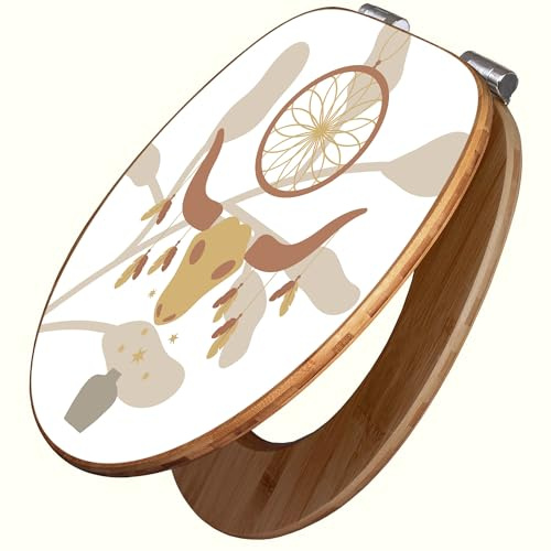 banjado Design WC Sitz Bambus Absenkautomatik 45,8x37,5cm - Toilettendeckel mit Absenkautomatik Holz - hochwertiger Bambus Klodeckel - WC-Sitz für gängigen Toiletten - Motiv Boho Traumfänger Schädel