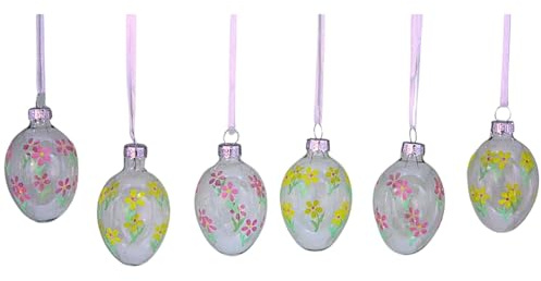 Dekohelden24 6er Set, Ostereier, Osterbehang, Osterdeko, Dekohänger, Ostereier zum Aufhängen, Osterstraucheier aus Glas in gelb und rosa, Lieferumfang 6 Stück, Größe: L/B/H ca. 4 x 4 x 6 cm