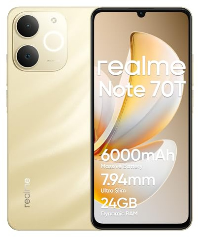 realme Note 70T Smartphone 4+64 Go, Batterie de 6000 mAh, Charge Rapide de 15 W avec Charge Inverse de 6W, 24 Go de RAM Dynamique, Affichage avec Confort visuel de 90Hz, Or