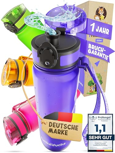Funkelfuchs Trinkflasche für Kinder – 500ml, Lila – Kohlensäure geeignet - 100% auslaufsicher - Wasserflasche spülmaschinenfest - für Einschulung, Schule, Sport - Altersempfehlung ab 3 Jahre