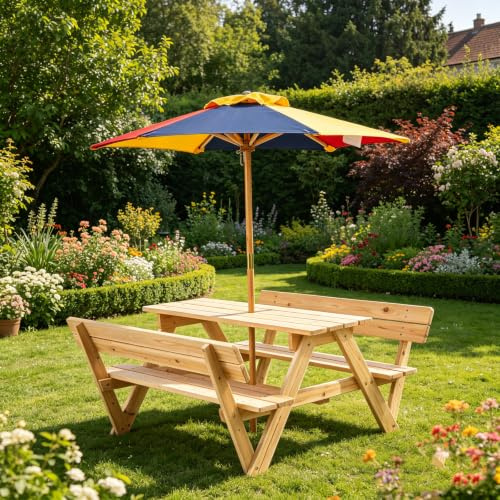 LIFEZEAL Tavolo da Picnic per Bambini con Ombrellone Rimovibile e Regolabil