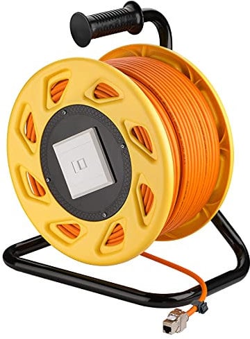 Goobay 58938 Netzwerk Kabeltrommel 90m Outdoor Cat 7A Kabel RJ45 Keystone Buchse Netzwerkkabeltrommel Netzwerkkabel Verlängerungskabel 90m Orange