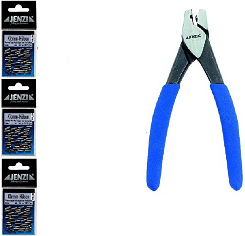 Praktisches Klemmhülsen Set mit Hülsenzange und ca 300 Quetschhülsen (3 Größen: 0,6mm, 0,8mm & 1,0 mm) + gratis Petri Heil! Aufkleber
