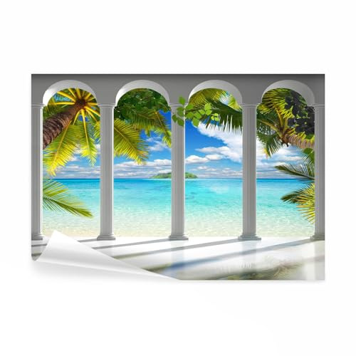 decomonkey Fototapete Meer Insel, 300x210 cm, XL, Architektur Palmen, Vlies | Tropisch, Schlafzimmer, Wohnzimmer, Tapete, Fototapeten, Tapeten, Vliestapete, Wandtapete, moderne, Wandbild, Wand