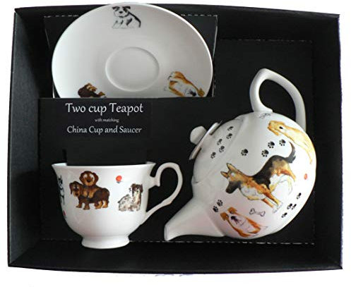 Dog Teapot cup and saucer gift set - Porcelain teapot, with fine china cup & saucer in gift boxed package