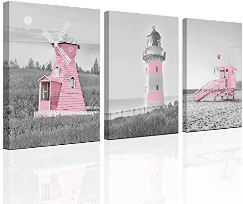Dekor für Schlafzimmer für Mädchen Rosa Ozean Thema Raumdekoration Wandkunst Leinwand Schwarz und Weiß Kunst Leuchtturm Bild Dekoration Windmühle Strand Dekoration Malerei Badezimmer Kinderzimmer