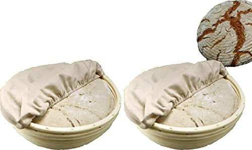 Mediablue 2 x Gärkorb Set Ø 24cm inkl. Rezepte Brot Gärkörbchen aus Peddigrohr zum Brot backen I Garkörbchen, Brotkörbchen, Brotform