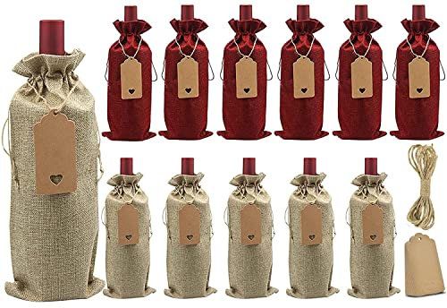 12 Stück Weinbeutel Weintasche, Geschenkbeutel aus Sackleinen Wiederverwendbar Weinbeutel mit Kordelzug und Anhänger Tischdekoration Weihnachtsfeier für Hochzeit Geschenke Party Decor, 34cm x 15cm