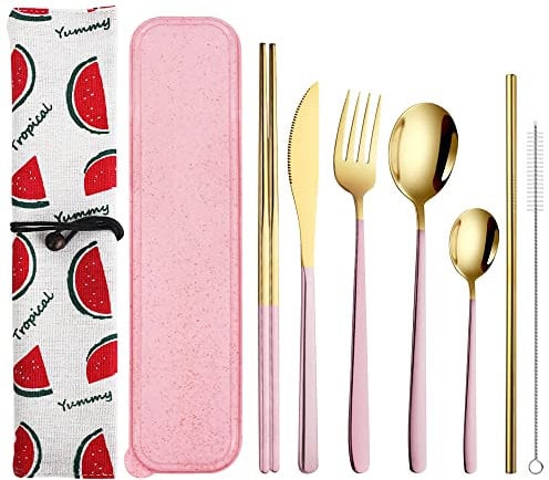 9 Stück Campingbesteck, QLFJ-FurDec Tragbares Besteck Set aus Edelstahl, einschließlich Messer, Gabel, Stäbchen, Löffel, Strohhalm, Strohbürste, Aufbewahrungsbox, Aufbewahrungsbeutel (Rosa)
