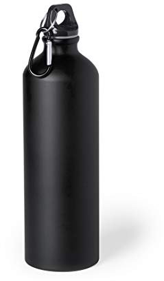 eBuyGB Metal Water Bottle 800ml Aluminium Leakproof Drinks Bottle Reusable BPA Free Matt Water Bottles with Carabiner Clip - School, Gym, Outdoor, Yoga & Sports - Black (Pack of 1)