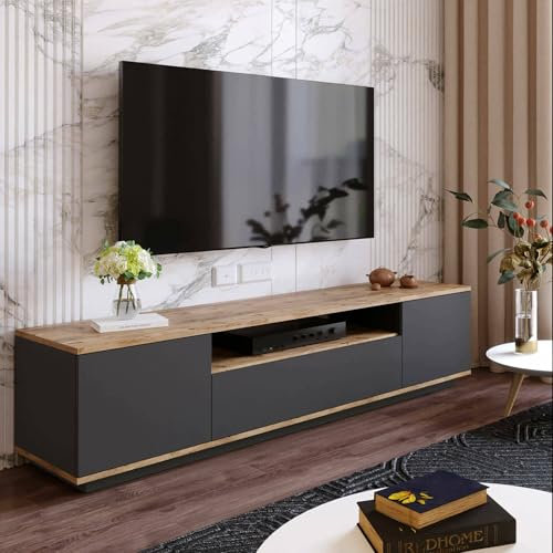 Dmora - Mobile porta TV Sinope, Credenza da soggiorno, Armadio basso per TV, Base parete attrezzata, 180x45h45 cm, Quercia e Antracite