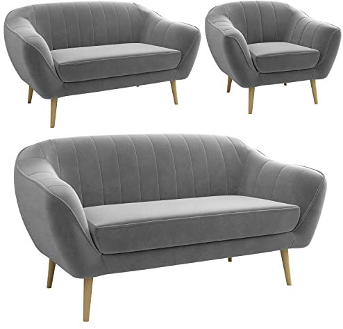 MKS MEBLE Moderne Sofa - Sofa Set 3+2+1 - Skandinavische Deko Polstersofa - Gaja Zwei Loungesofas und Sessel - Sechs Personen Grau