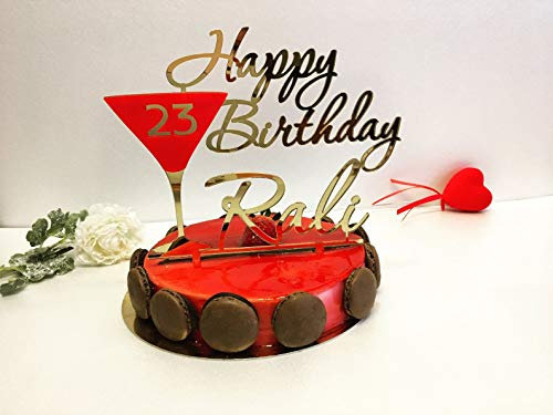 Feliz Cumpleaños, Personalizado Nombre y Edad, Copa de martini, Tartas, Adorno De Pastel, Cake Topper, Fiestas, Aniversario, Champán Decoración, Regalo para niña, Variedad de colores, Madera, Acrílico