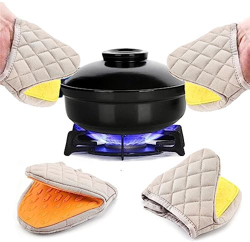 WDEC 2 Pcs Mini Oven Mitts Heat Resistant Non-Slip Neoprene Silicone Cotton Gloves with Hanging Loop for Microwave and Oven, Short Kitchen Hot Pot Oven Gloves to Protect Fingers(Yellow+Orange)