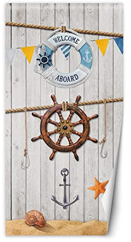 Feeby Türtapete Fototapete Marina Boards Steer 88x200 cm Türposter Türpanel Vlies Tapete Wohnzimmer Schlafzimmer Kinderzimmer Büro Anker Muschel Rettungsring Beige