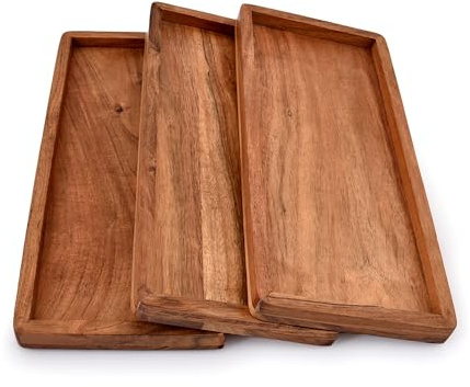 NIRMAN Acacia Wood Rectangular Wooden Platters for Home Decor, Food, Vegetables, Fruit, Charcuterie, Appetizer Serving Tray (13 x 5.5 x 0.75) (Set of 3)
