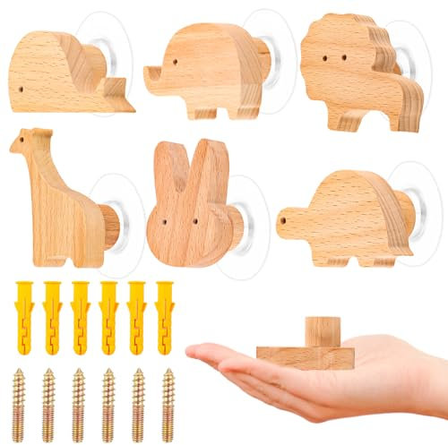 MplehDa Wooden Cabinet Knobs for Children's Room, Pack of 6 Wooden Knobs with Animal Motifs, Wooden Furniture Knobs, 2 in 1 Self-Adhesive Furniture Knobs with Screws, Wooden Handles for Cupboards,
