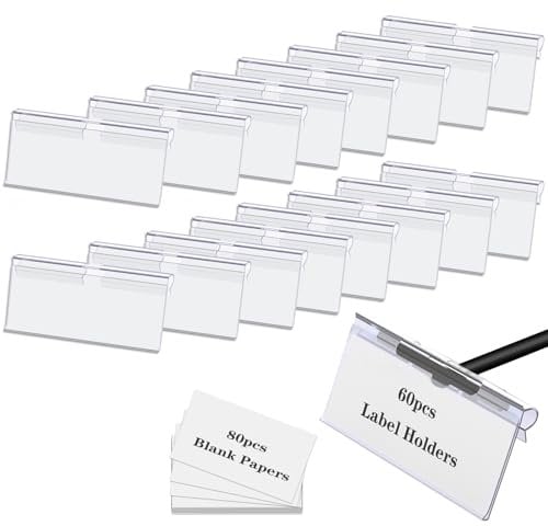 Storage Bin Labels Clip On,60PCS Clear Plastic Bin Labels Clips,Extra 80 Label Papers Included,Perfect for Wire Shelf,Baskets,Fabric Storage Cubes,Storage Closet,Cloth Bins,Food Pantry (10X4.2CM)