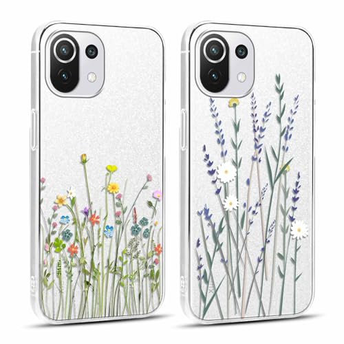 Yoedge 2 Stück Handyhülle für Xiaomi Mi 11 Lite 4G/5G/5G NE Hülle 6,55, Transparent Blumen Muster Mädchen Aesthetic Flowers Handyhülle Weich Durchsichtig Schlanke Silikon Slim Stoßfest Schutzhülle
