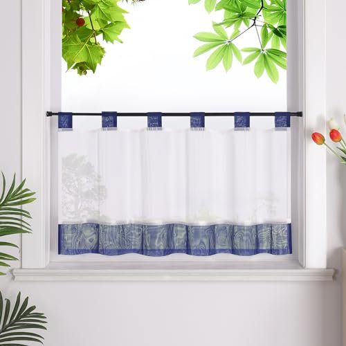 HeichkelL Scheibengardine mit Schlaufen Leinenoptik Gardine Halbtransparent Bistrogardine Landhausstil Kurzstores Dunkelblau HxB 60x120cm