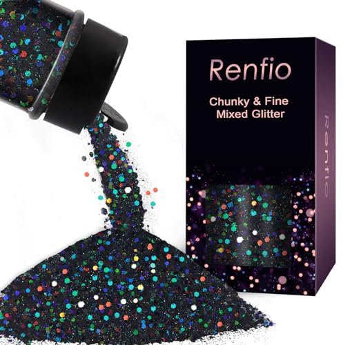 Renfio Holographic Glitter Mix - 2.11oz/60g Medium Size Chunky & Ultra Fine Black Glitter Sequins for Nail Art, Tumblers, Slime & Resin