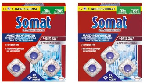 Somat Maschinenreiniger Tabs Anti-Kalk (12 WL), Spülmaschinenreiniger für monatlichen Gebrauch, Reinigungs-Tabs für die Spülmaschine, kein extra Spülgang (Packung mit 2)