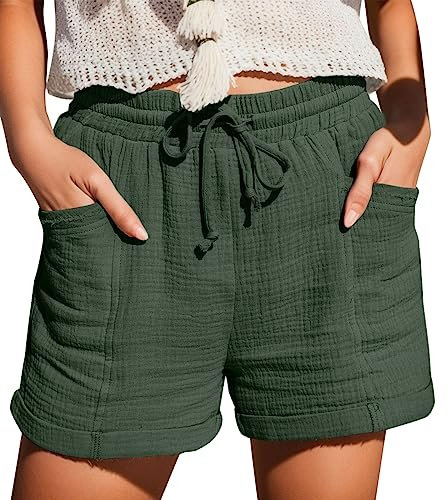 Hsternexy Shorts damen Sommer Leinen Musselin Kurze Hose Beach Shorts Mit Taschen Mode Lässige Stoffhose Freizeit Shorts Elastische Taille Stretch Gerades Bein Sport Shorts mit Kordelzug Leinenhose