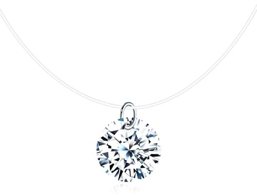 MICMIF 925 Sterling Silber Halskette Damen Choker Solitär aus Zirkonia in Form eines Herzens/Sterns/Rundes/Tropfens Anhänger mit Transparente Nylonkette, Zirkonia Diamant Halskette für Mädchen